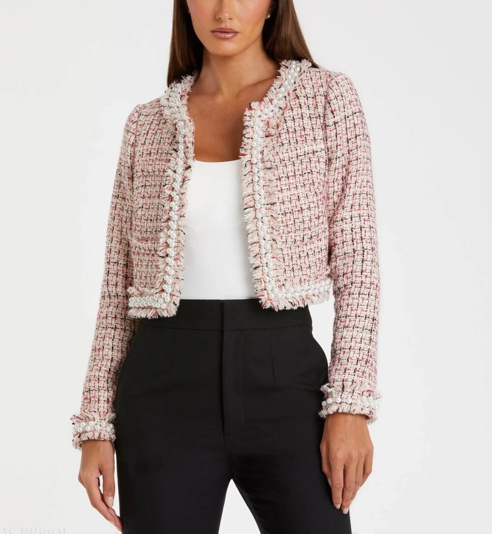 Mac Duggal 20801 Red and White Jacket Tweed Pearl Trim Cropped Blazer Size Large